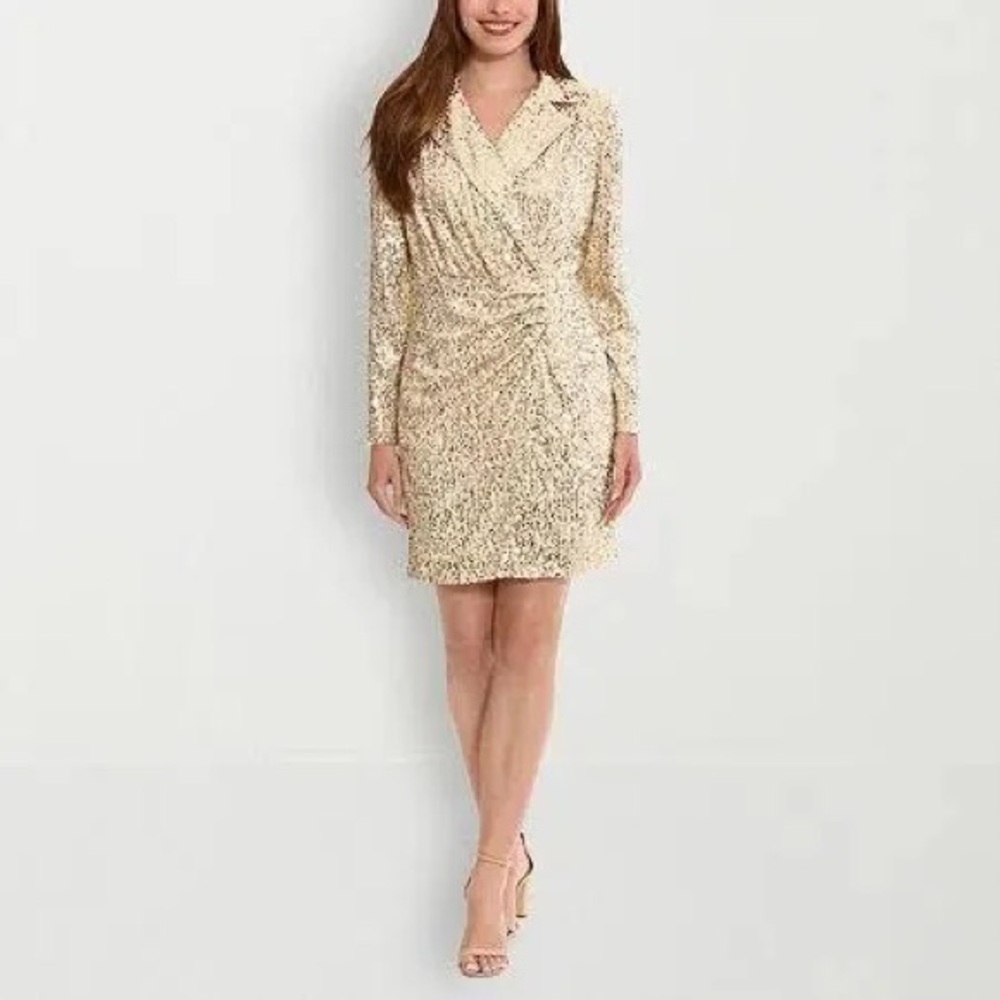 NWT Clover & Sloane Gold and Beige Boss Lady Sparkle Sequin Wrap Blazer Dress